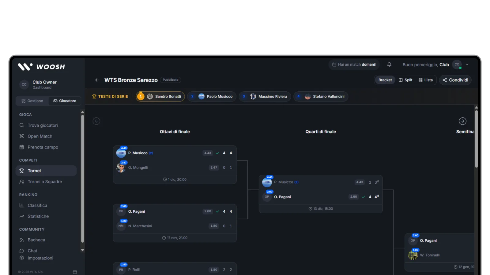 Gestione tabellone torneo - Woosh Web App