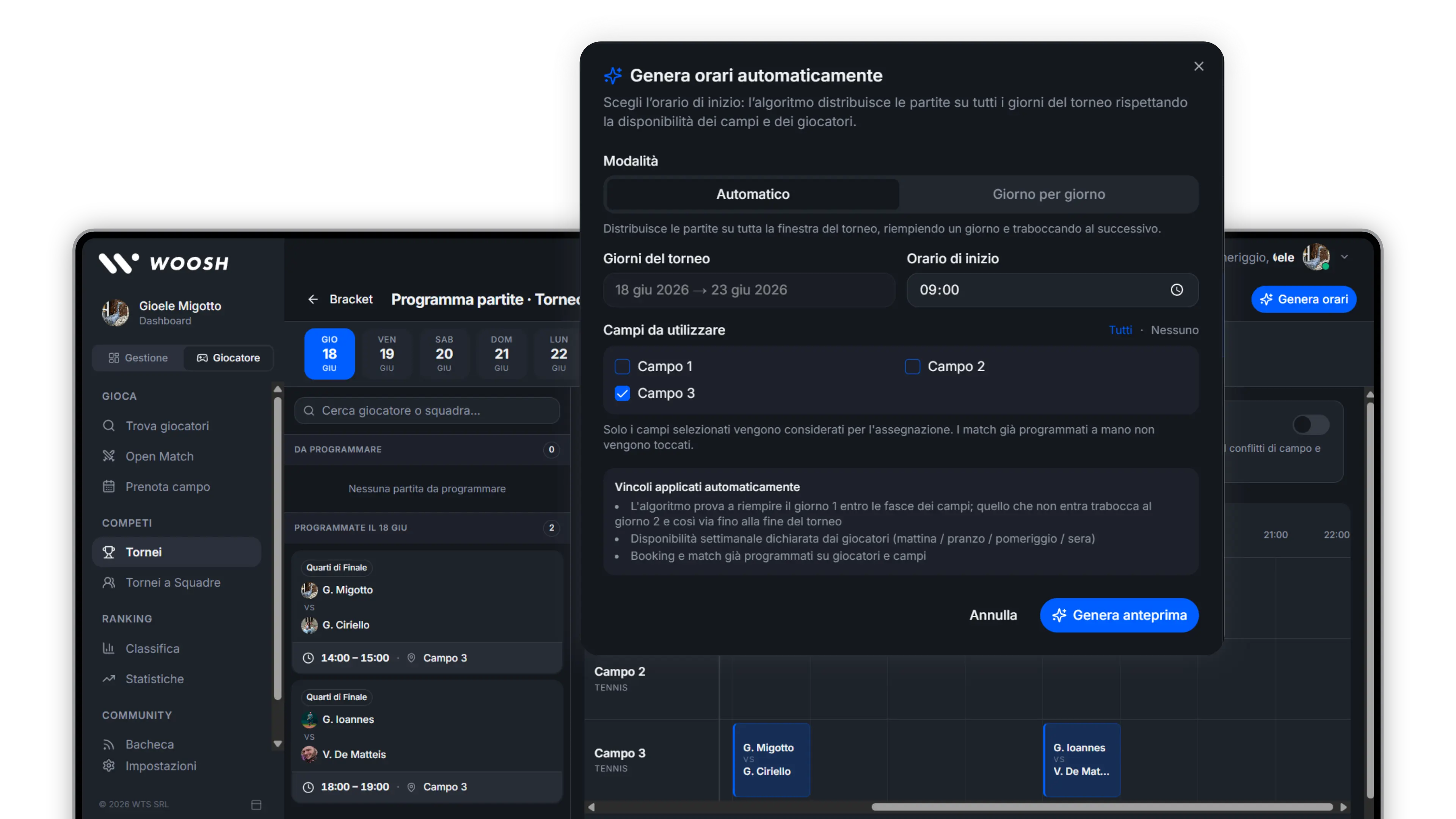 Woosh: automatic tournament match scheduling