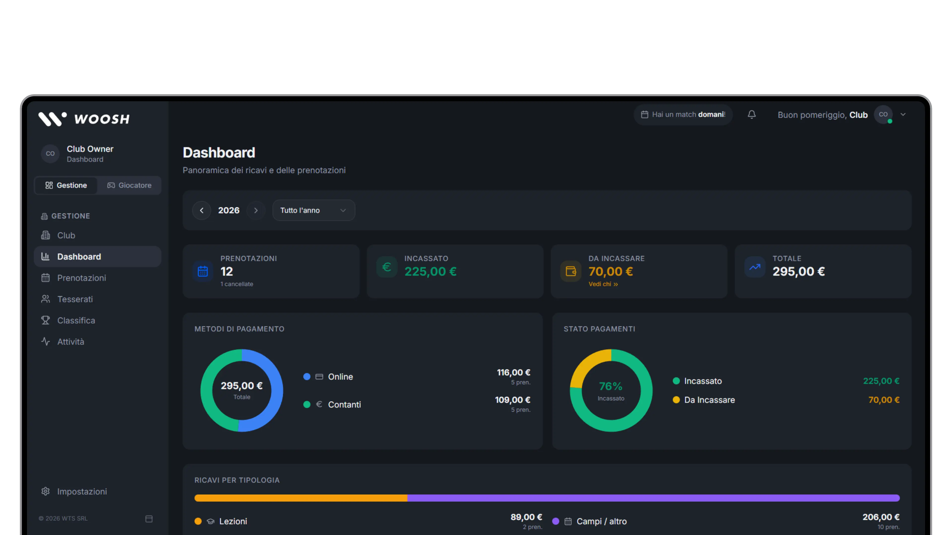 Woosh: club dashboard with revenue and payments