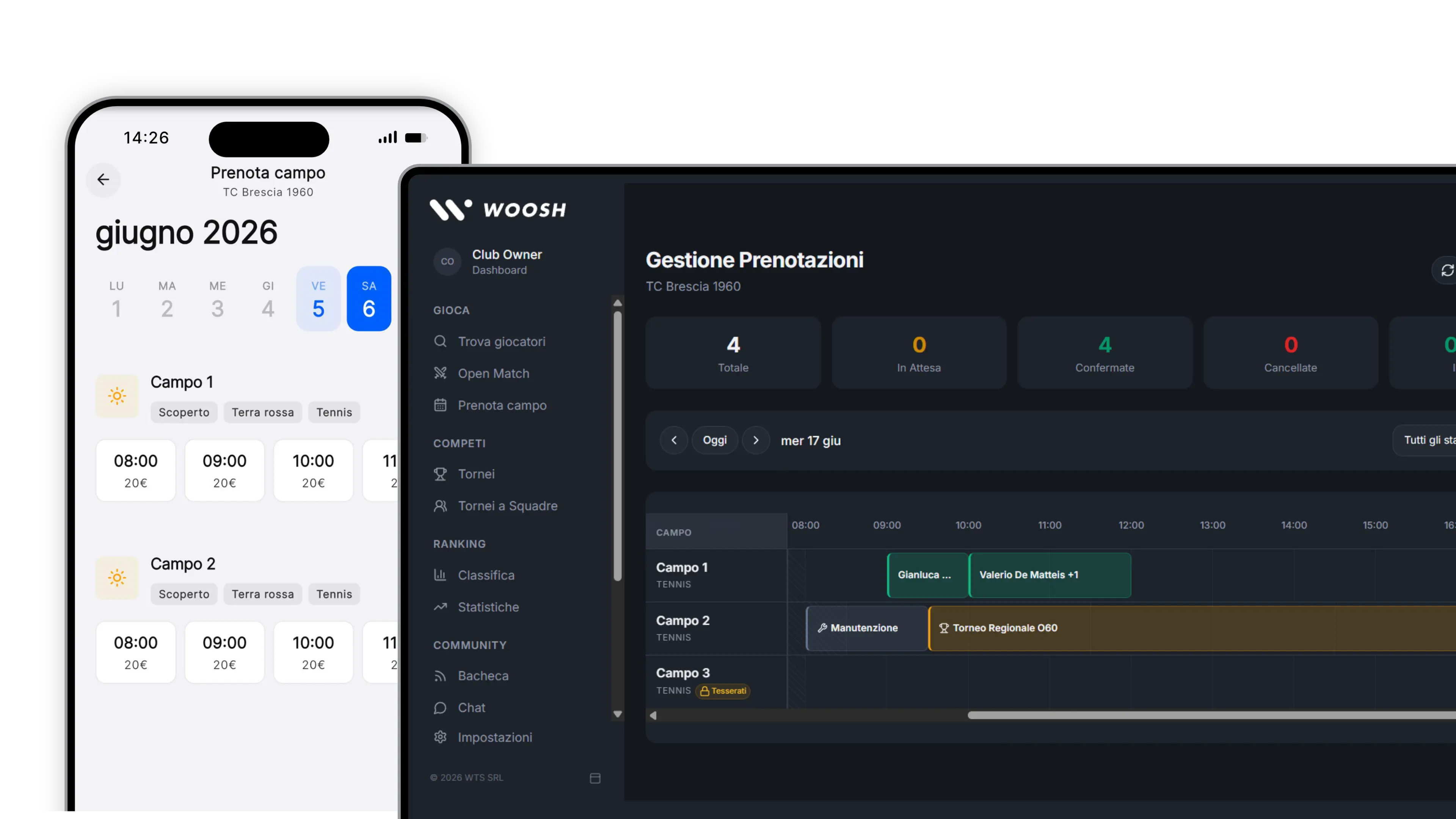 Woosh: court booking on the mobile app and booking management in the web app