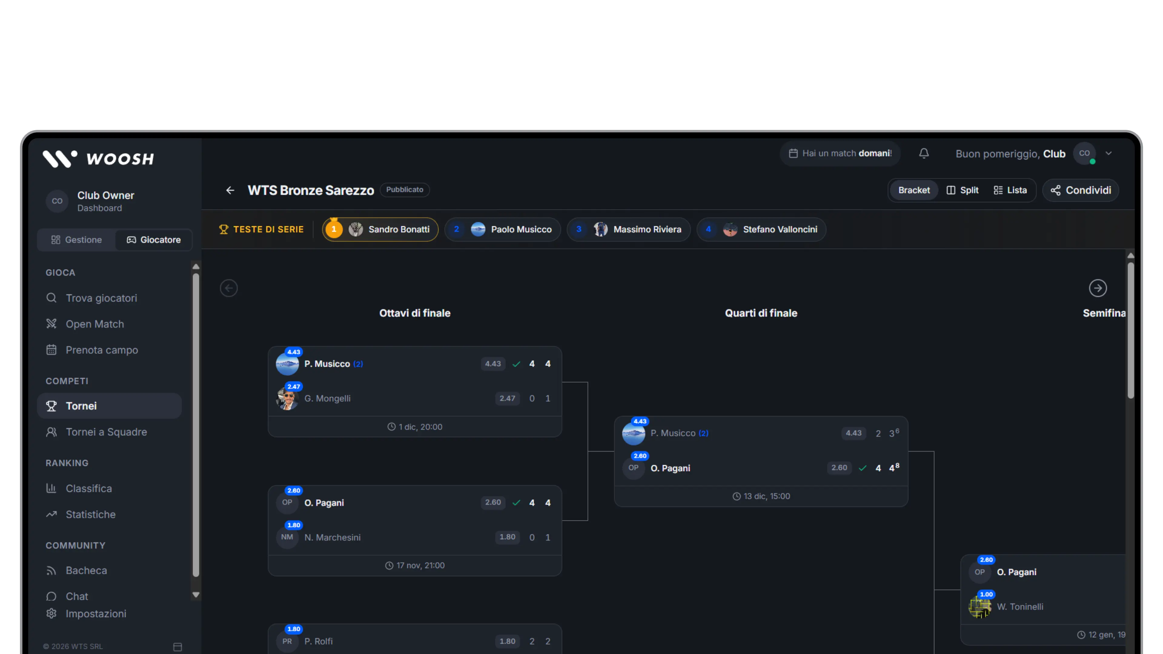 Woosh: digital tournament bracket with seeds and scores